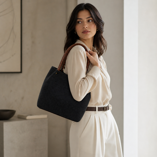 Daily Tote Bag - Premium Woven Fabric Black & Brown
