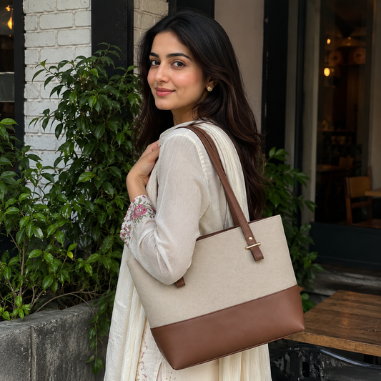 Canvas Classic Combo Tote set of 2 Beige & Brown