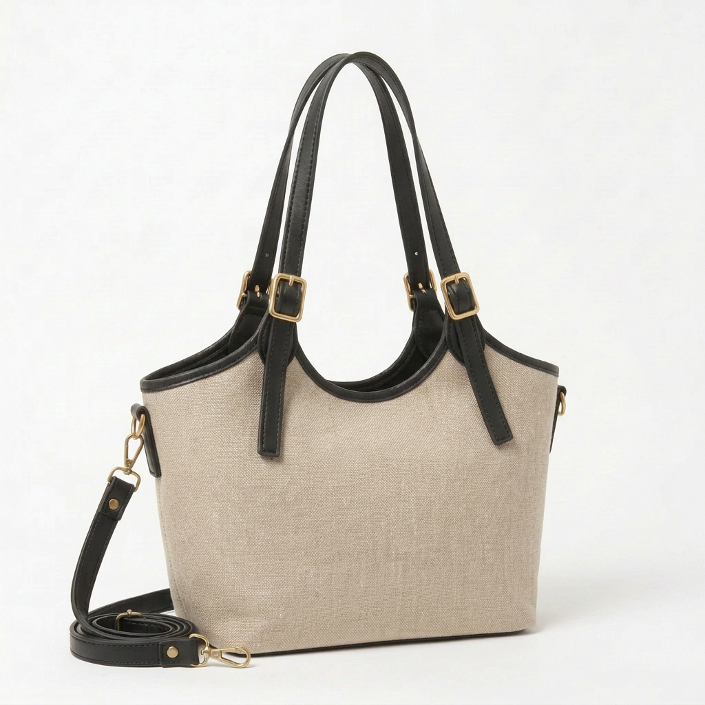 Bucket Canvas Bag in oatmeal and black right angle