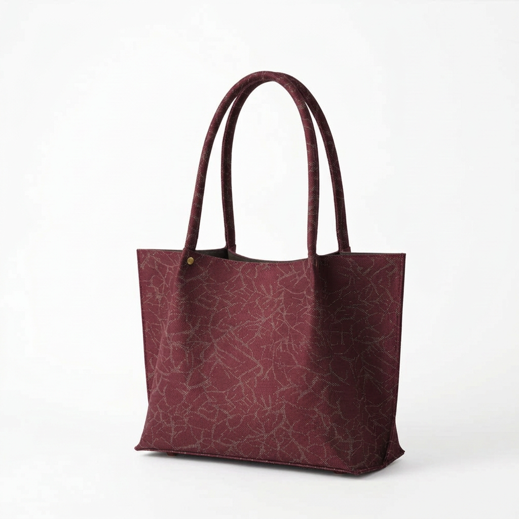 Burgundy patterned tote bag front three-quarter view