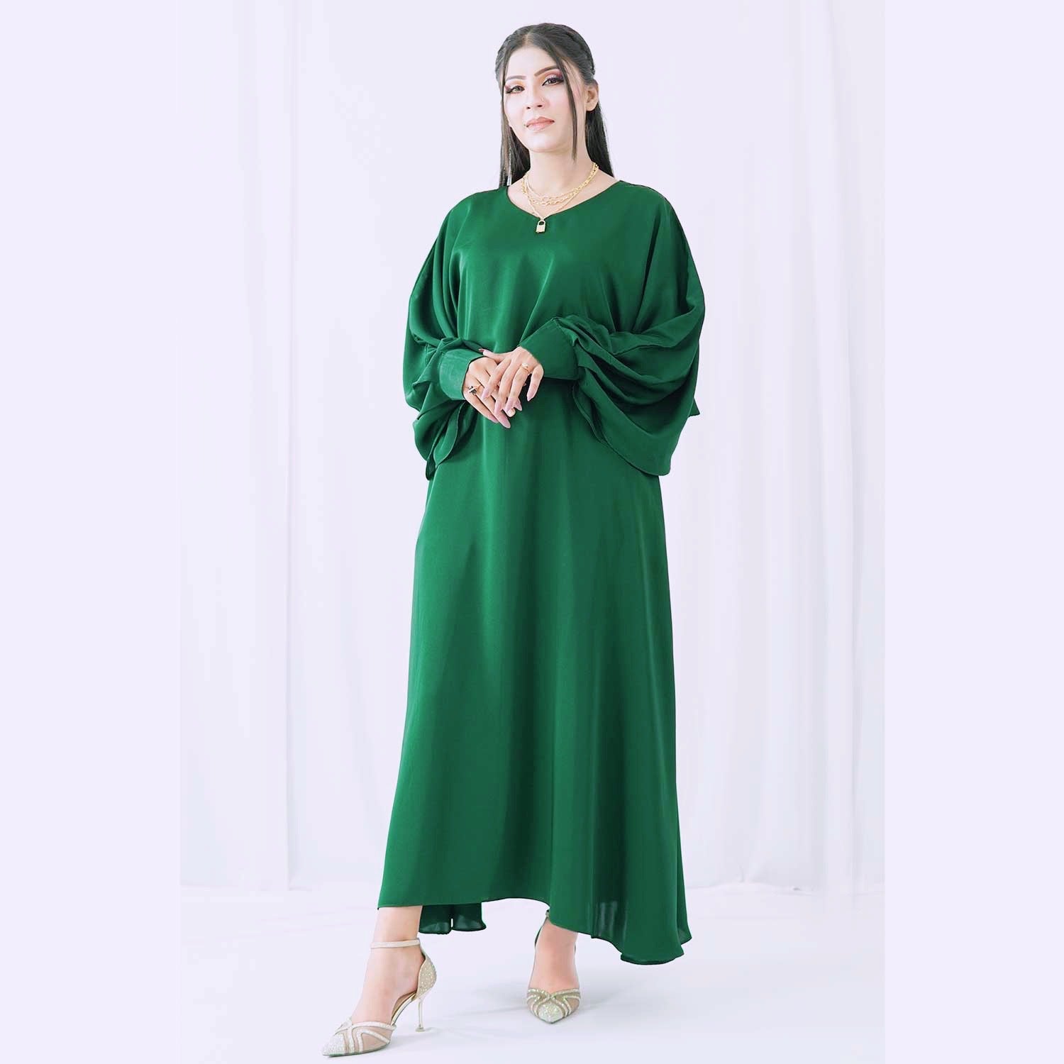 Emerald Green Long Sleeve Wavy Maxi Dress