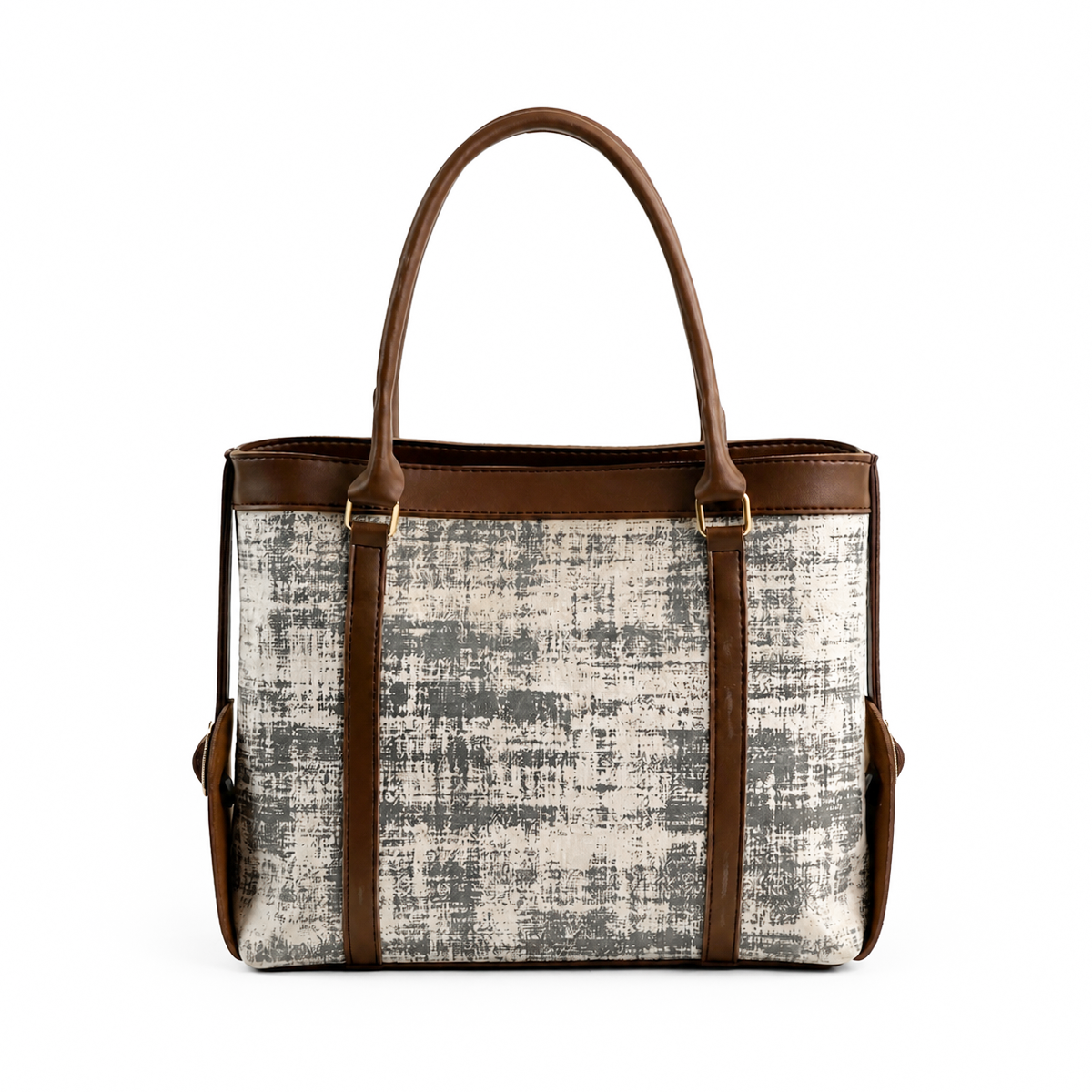 Handbag with brown leather straps on a white background