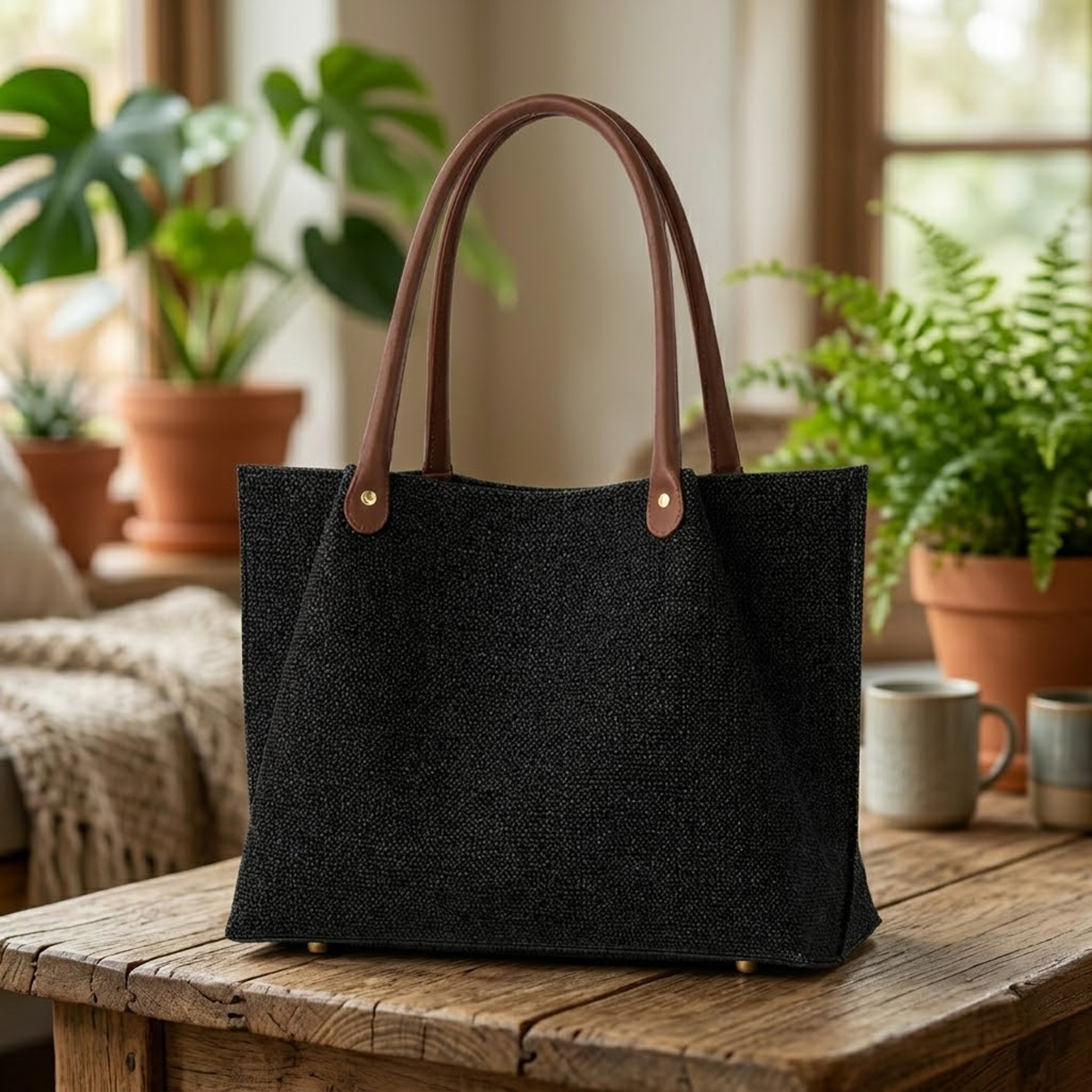 Daily Tote Bag - Premium Woven Fabric Brown Black
