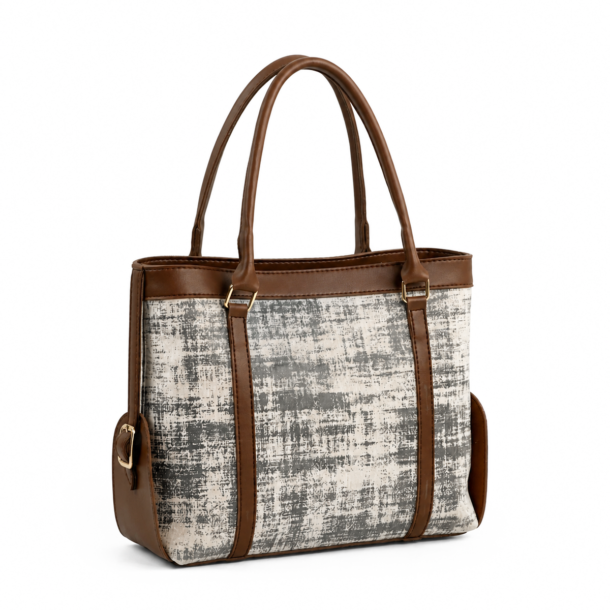 Handbag with brown leather straps and a patterned body on a white background