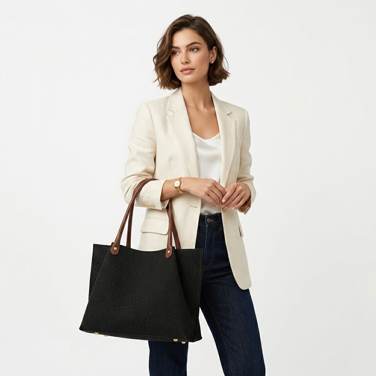 Daily Tote Bag - Premium Woven Fabric Brown Black