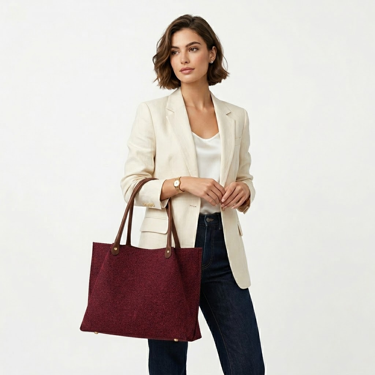 Daily Tote Bag - Premium Woven Fabric Brown & Maroon