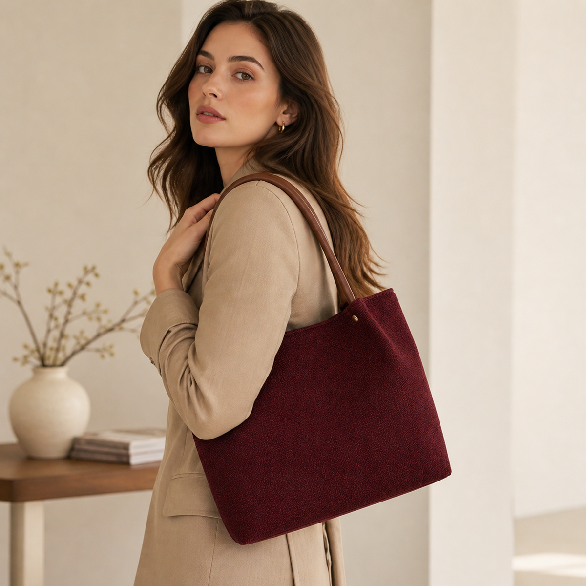 Daily Tote Canvas - Duo Deal (Maroon + Beige)