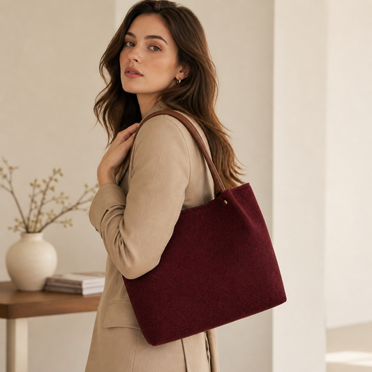 Daily Tote Bag - Premium Woven Fabric Maroon & Brown