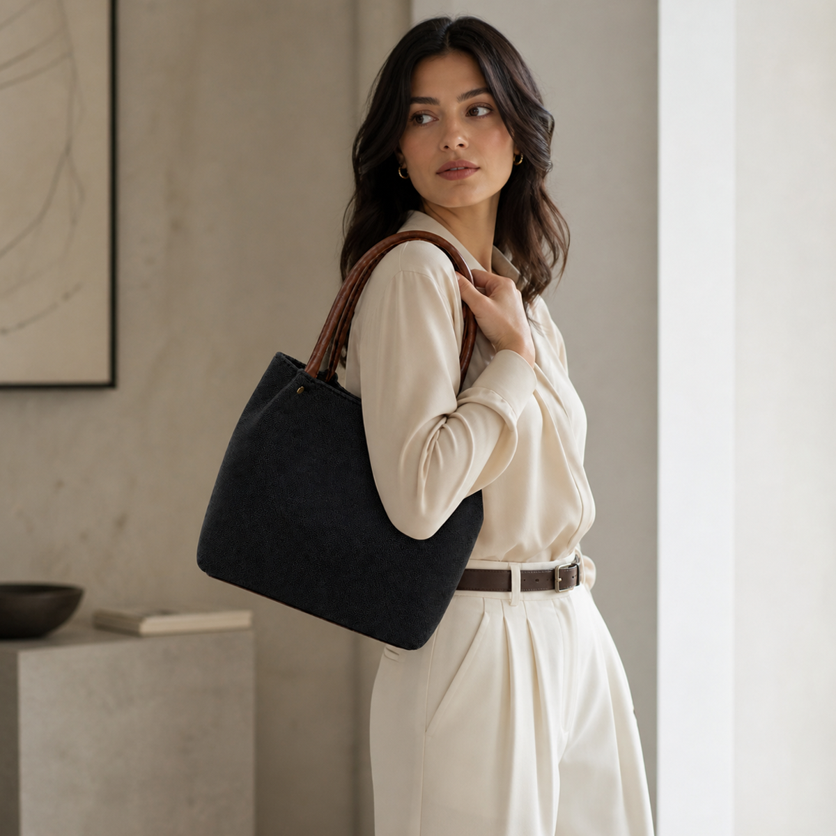 Daily Tote Bag - Premium Woven Fabric Black & Brown