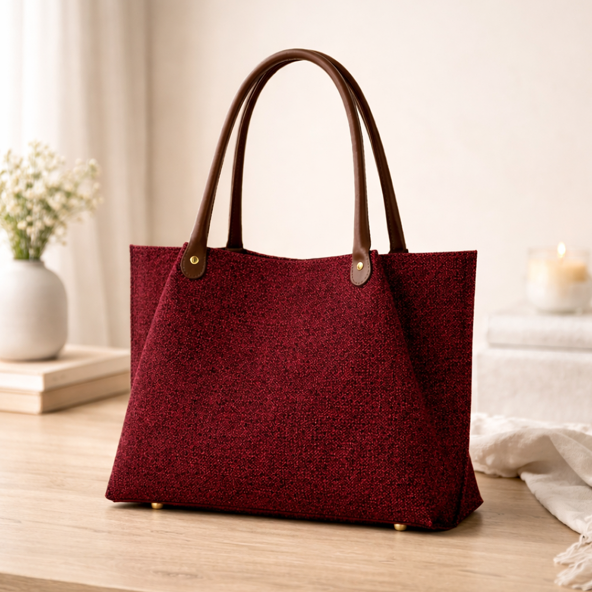 Daily Tote Bag - Premium Woven Fabric Brown & Maroon