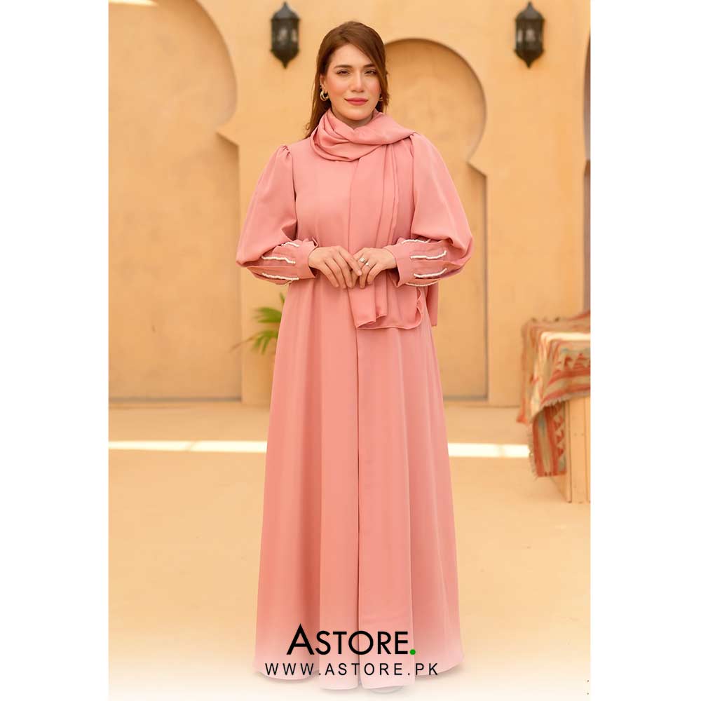 Pearls slit abaya pink