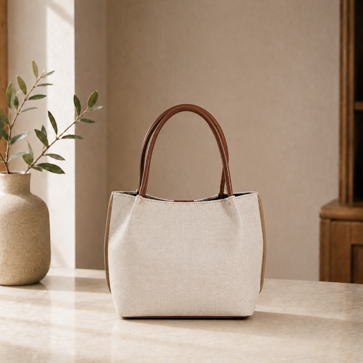 Daily Tote Canvas Bag - Premium Woven Fabric Beige