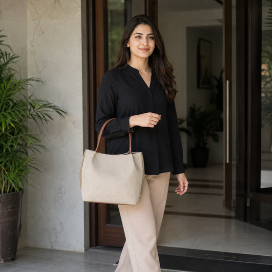 Daily Tote Canvas Bag - Premium Woven Fabric Beige