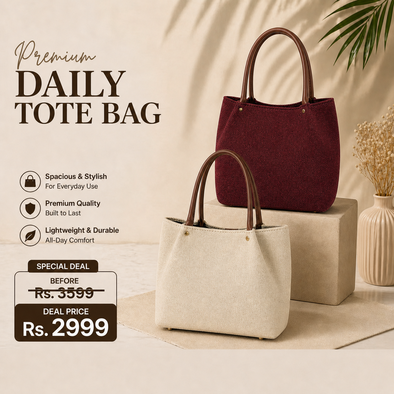 Daily Tote Canvas - Duo Deal (Maroon + Beige)