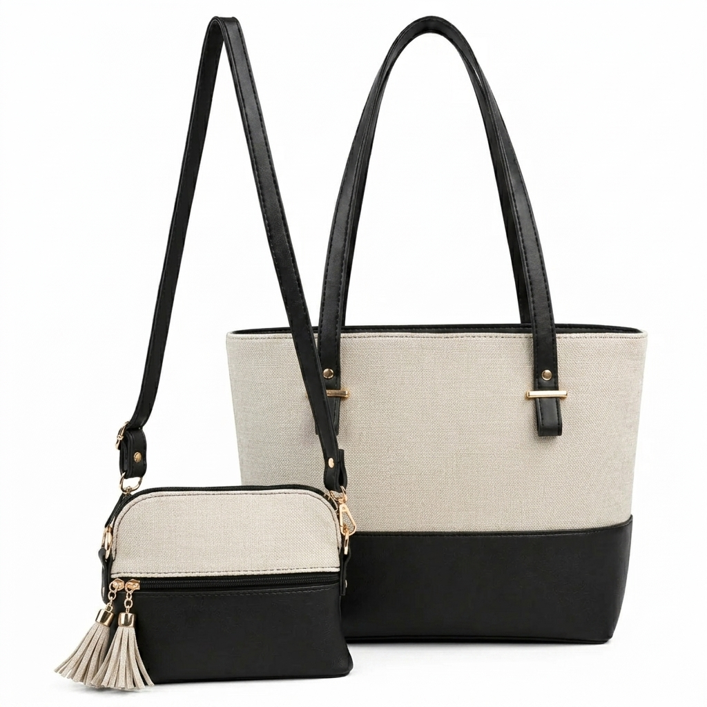 Canvas Classic Combo Tote set of 2 Beige & Black