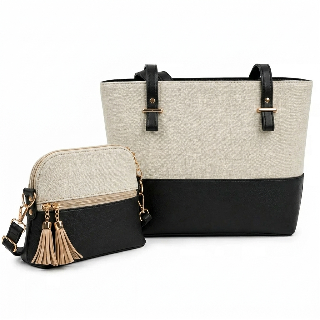 Canvas Classic Combo Tote set of 2 Beige & Black