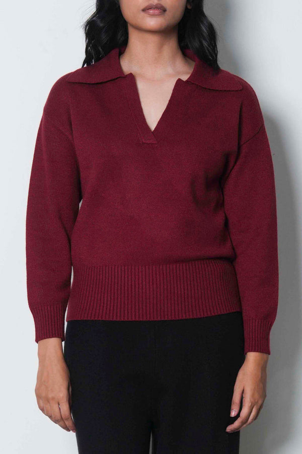Relaxed Fit Open Collar Polo Sweater