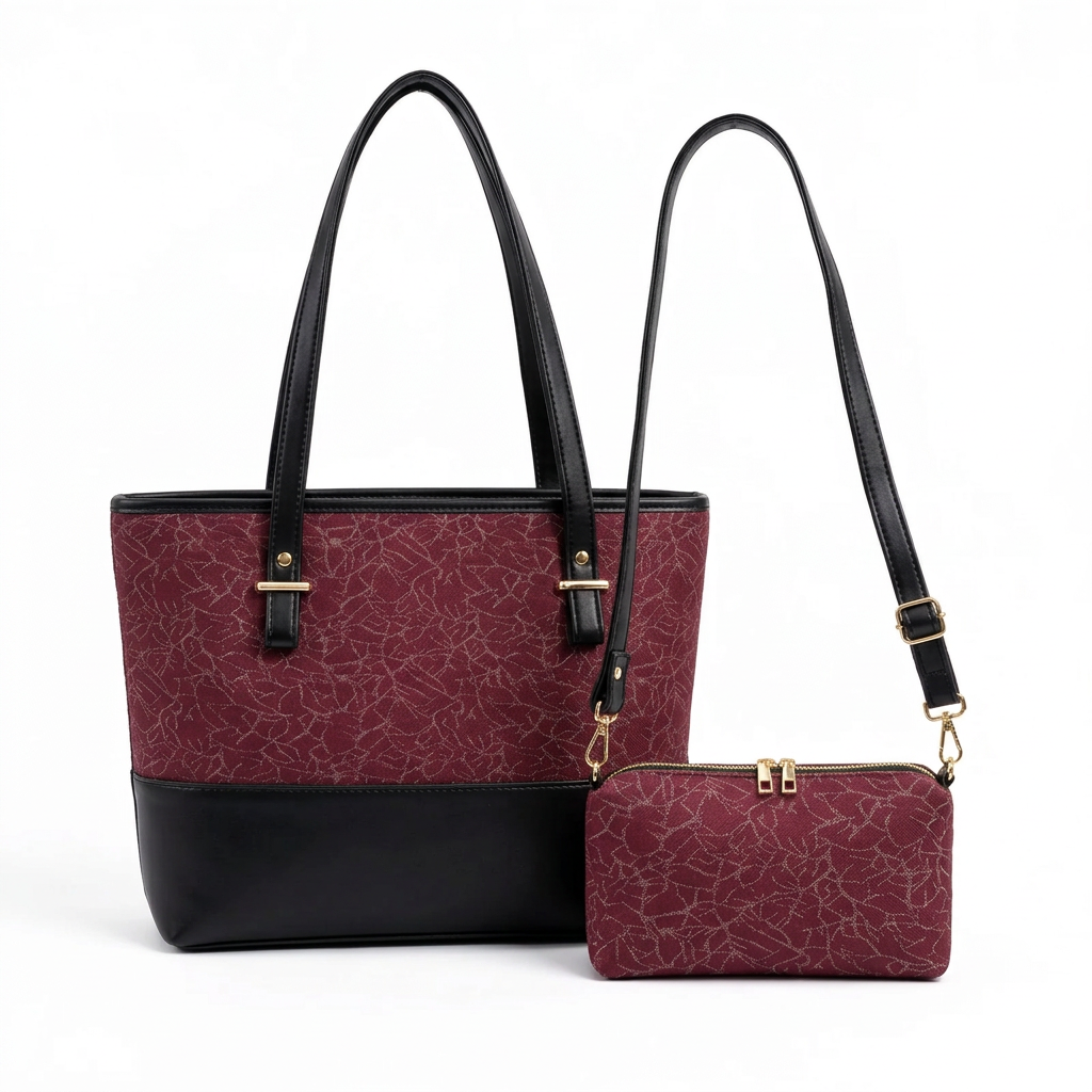 Burgundy tote and pouch set with black leather trim