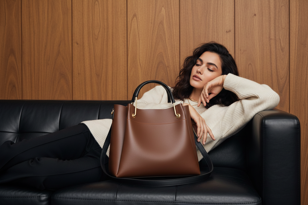 Emerald Brown Handbag with Model on Leather Couch