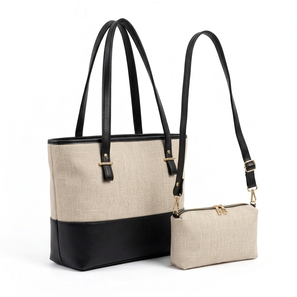 Oatmeal and black tote and pouch set left angle