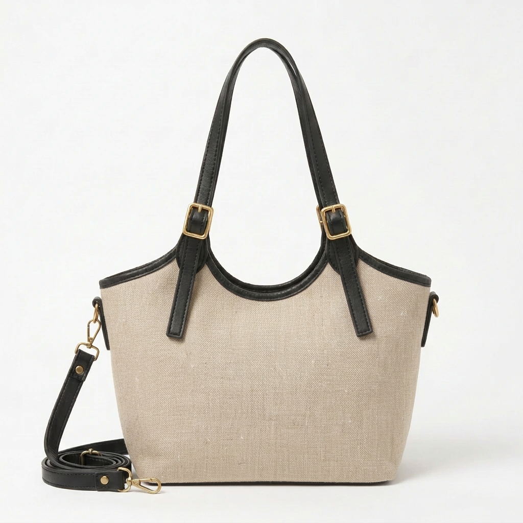 Bucket Canvas Bag in oatmeal and black front view