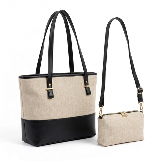 Oatmeal and black tote and pouch set right angle