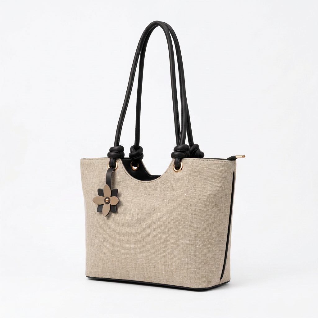 Knot Flower Tote in oatmeal and black right angle