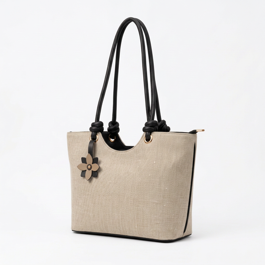 Knot Flower Tote in oatmeal and black right angle