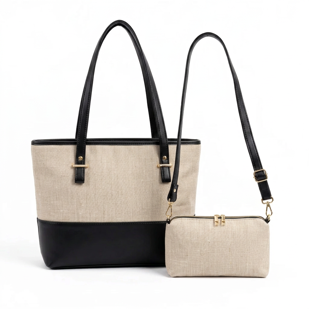 Canvas Classic Combo Tote and pouch set in oatmeal and black