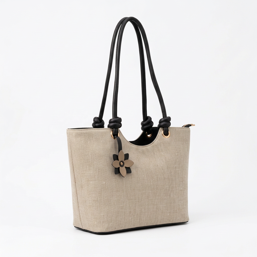 Knot Flower Tote in oatmeal and black left angle