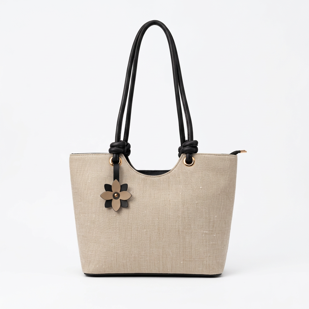 Knot Flower Tote in oatmeal and black front view