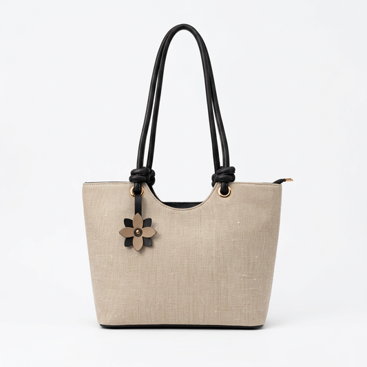 Knot Flower Tote in oatmeal and black front view