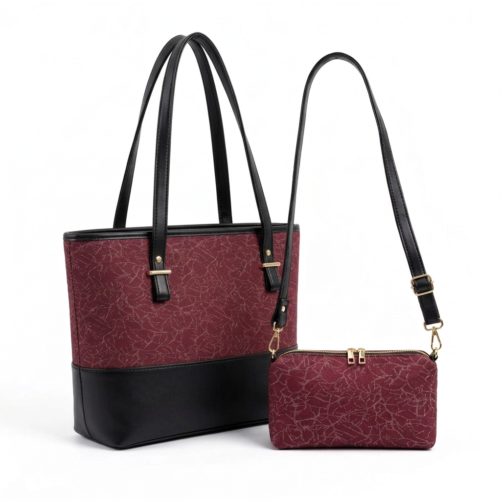 Burgundy and black tote and pouch set, left three-quarter view