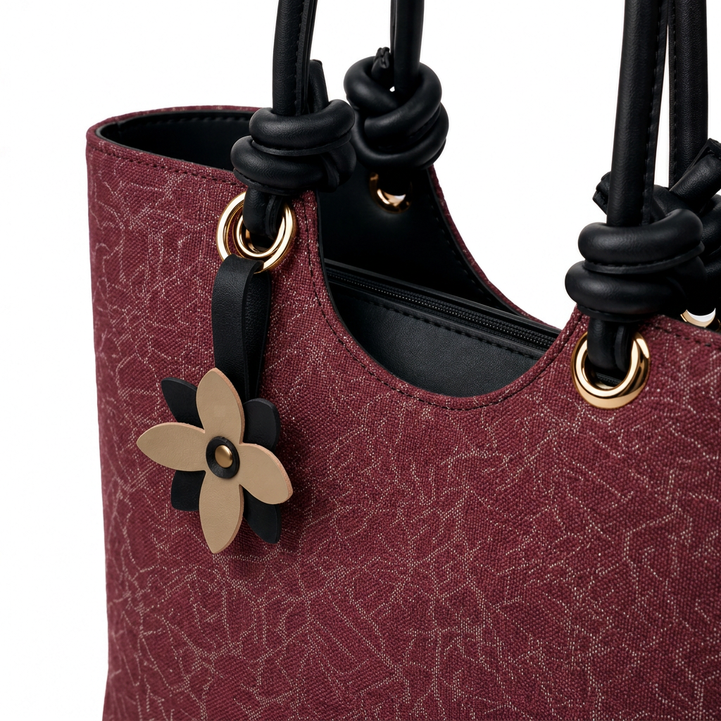 Knot Flower Tote Burgundy and Black angled view