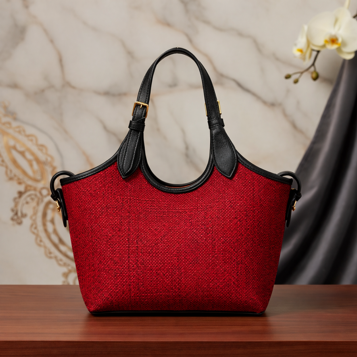 Bucket Tote Bag Maroon & Black