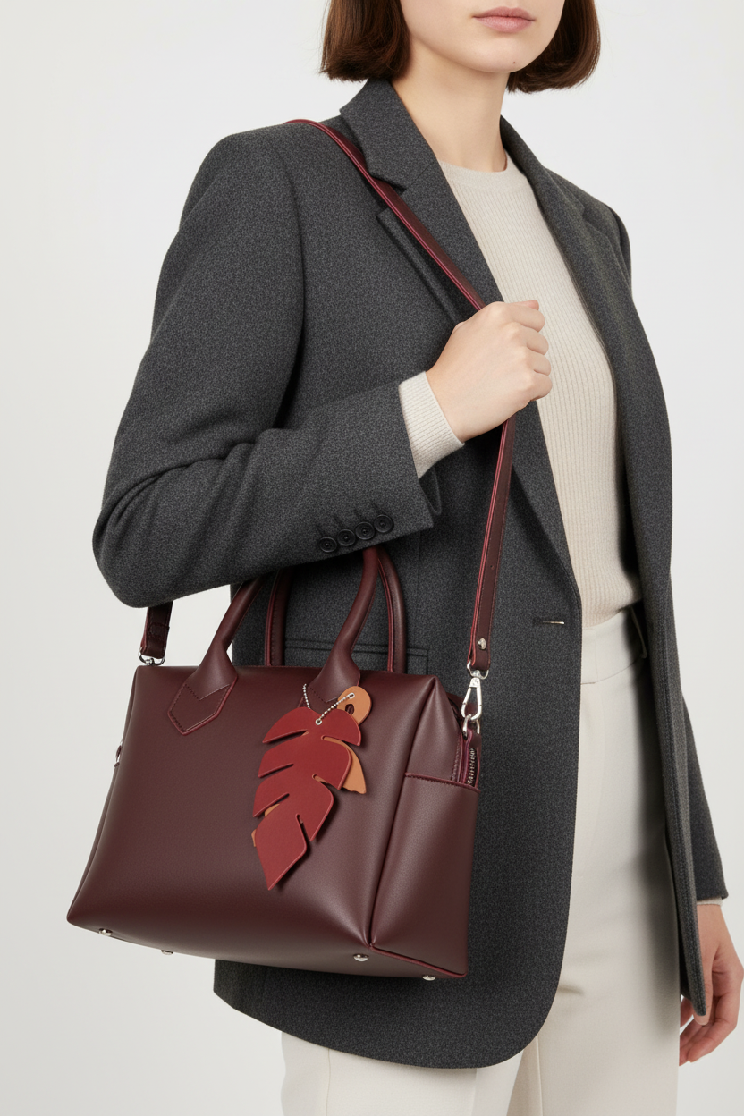 Model wearing burgundy bag on shoulder - partial view