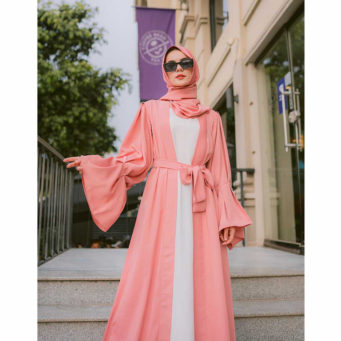 Puff Sleeves Front Open Abaya (pink) Online in Pakistan – Astore®